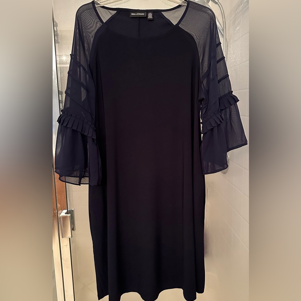 Elegant Navy Dress with Sheer Ruffle Sleeves